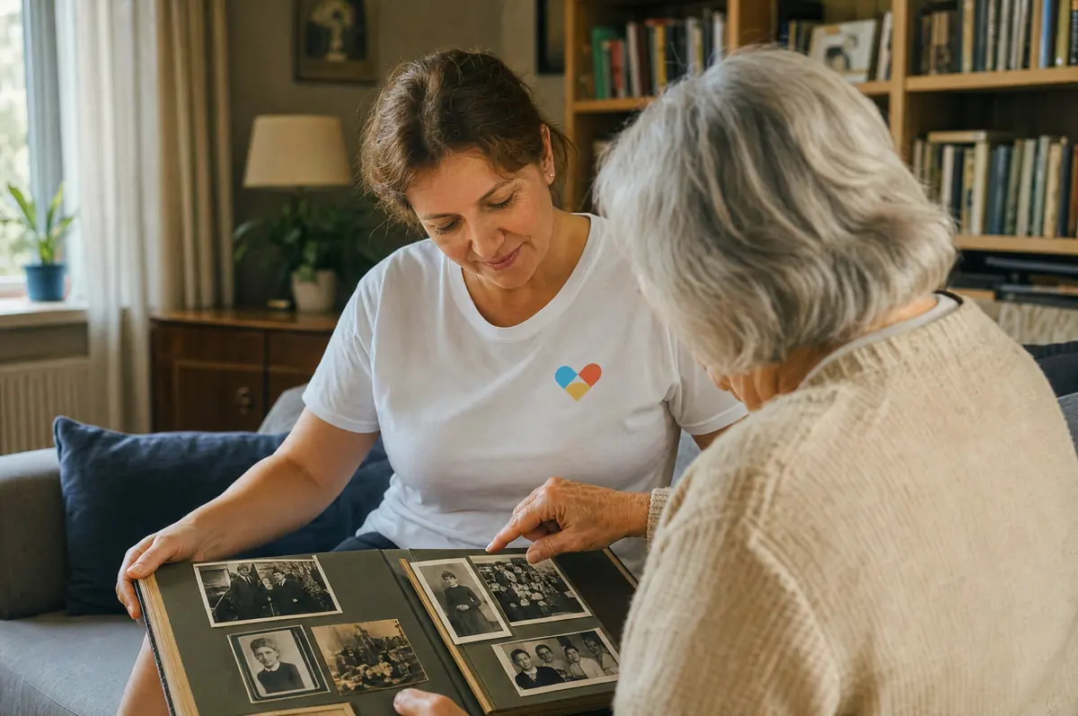 Доглядальниця Senior Auxilium підтримує літню особу з деменцією у спокійній розмові